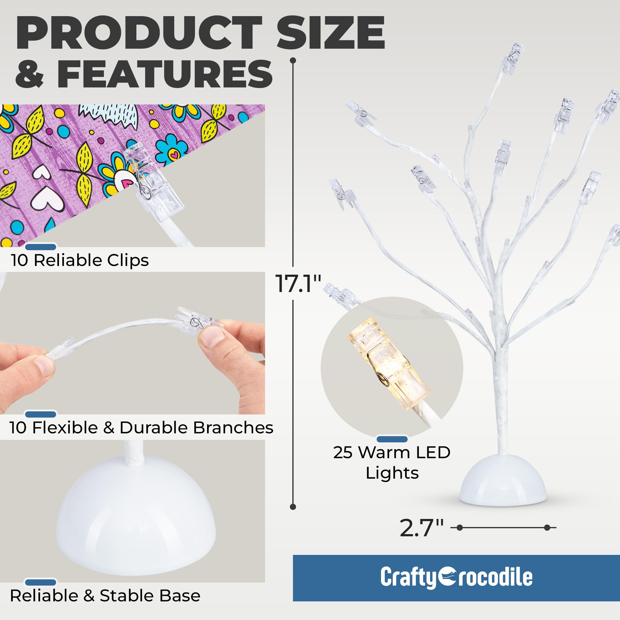 CraftyCrocodile LED Gift Card Tree Holder - Metal Display Stand with 10 Flexible Clips for Photos, Money, Lottery Tickets, Cards & Notes - 25 Warm Lights