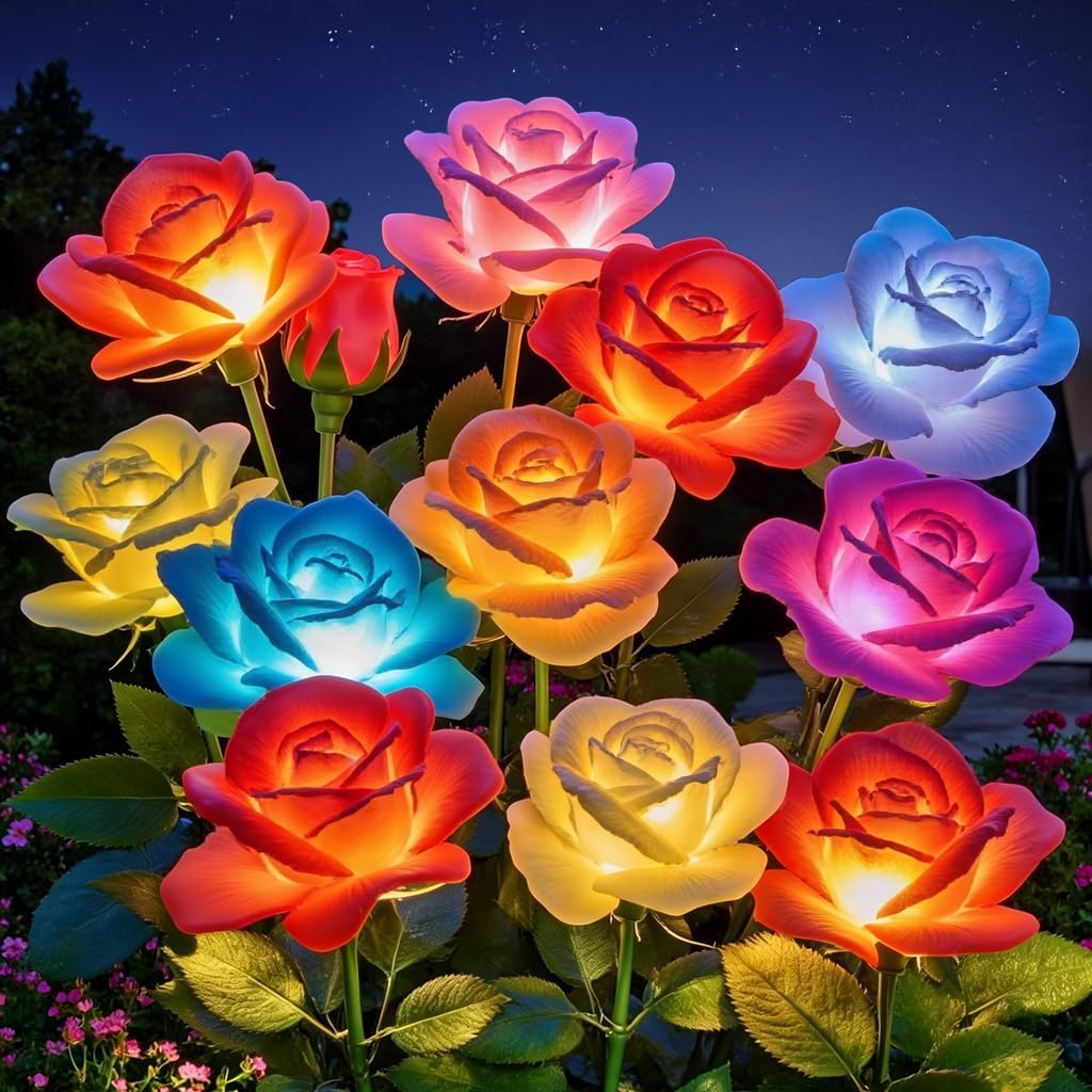BUCASA Solar Lights Outdoor Garden, 4 Pack Solar Lights Outdoor Waterproof with 20 Rose Flower Lights, Multi-Color Changing Solar Garden Decor Lights for Yard Patio Lawn Path Decoration