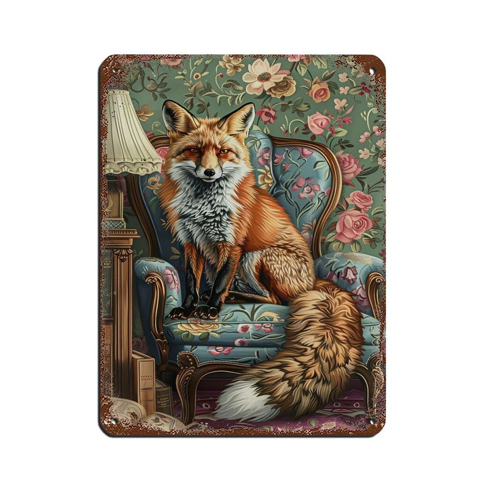 Cottage Fox On Sofa Poster Tin Sign Vintage Metal Pub Club Cafe Bar Home Wall Art Decoration Poster Retro 12x16inch(30x40cm)