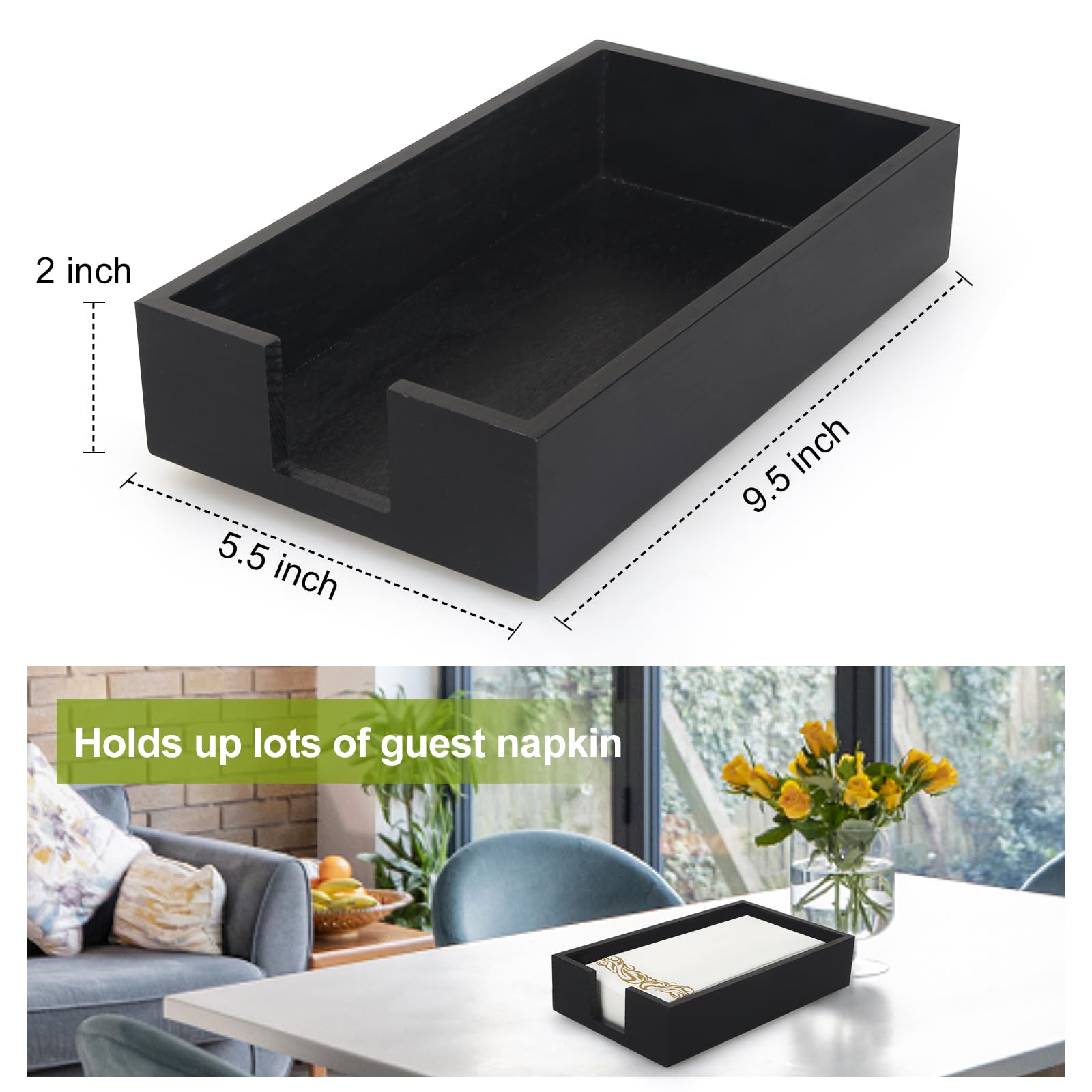 Renawe Moderno servilletero plano de madera de pino negro para mesa, cocina, baño, bandeja multiusos para servilletas de toalla de invitados, soporte desechable para toallas de mano