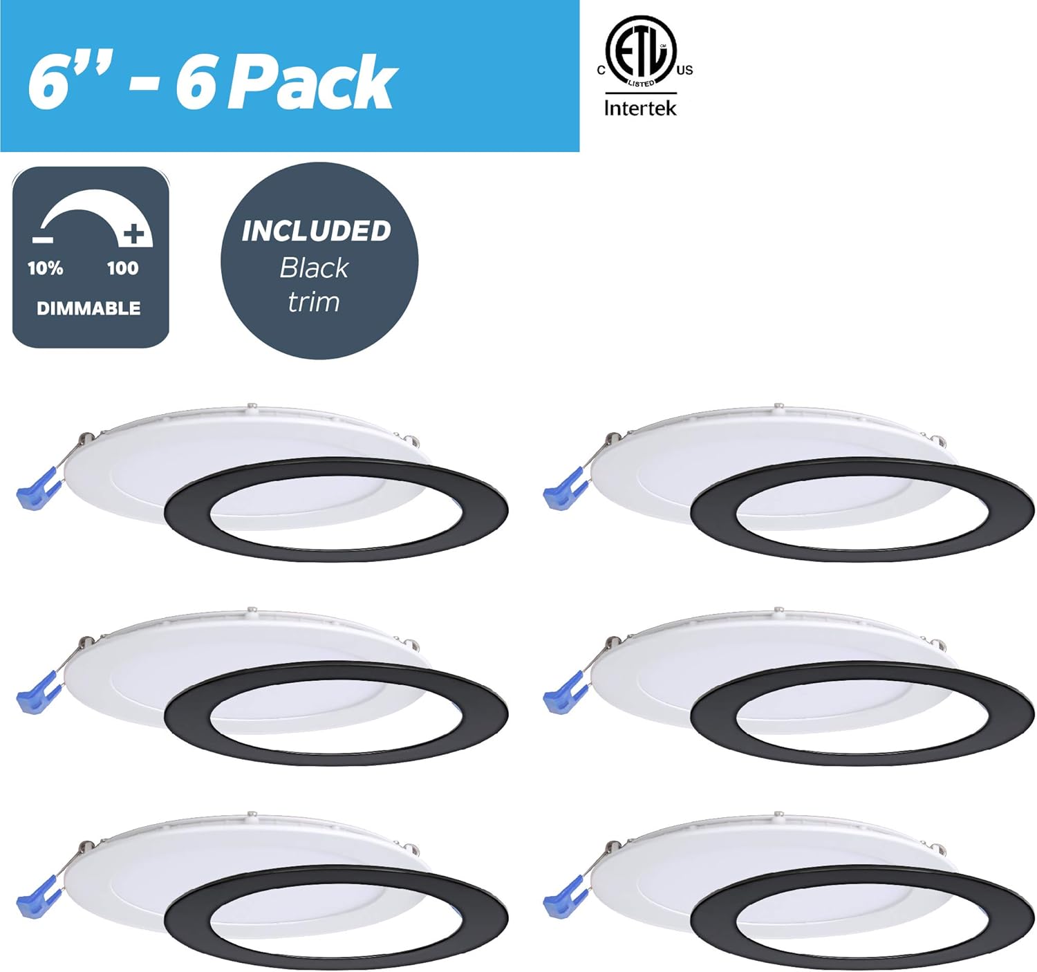 Nadair 6’’ LED Recessed Ultra Slim Lights, 6-Pack, IC Rated, Dimmable, 12W, 1000 Lumens, 3000K (Warm White), Large Junction Box with Quick Connect System, White Finish, Black Trim Included