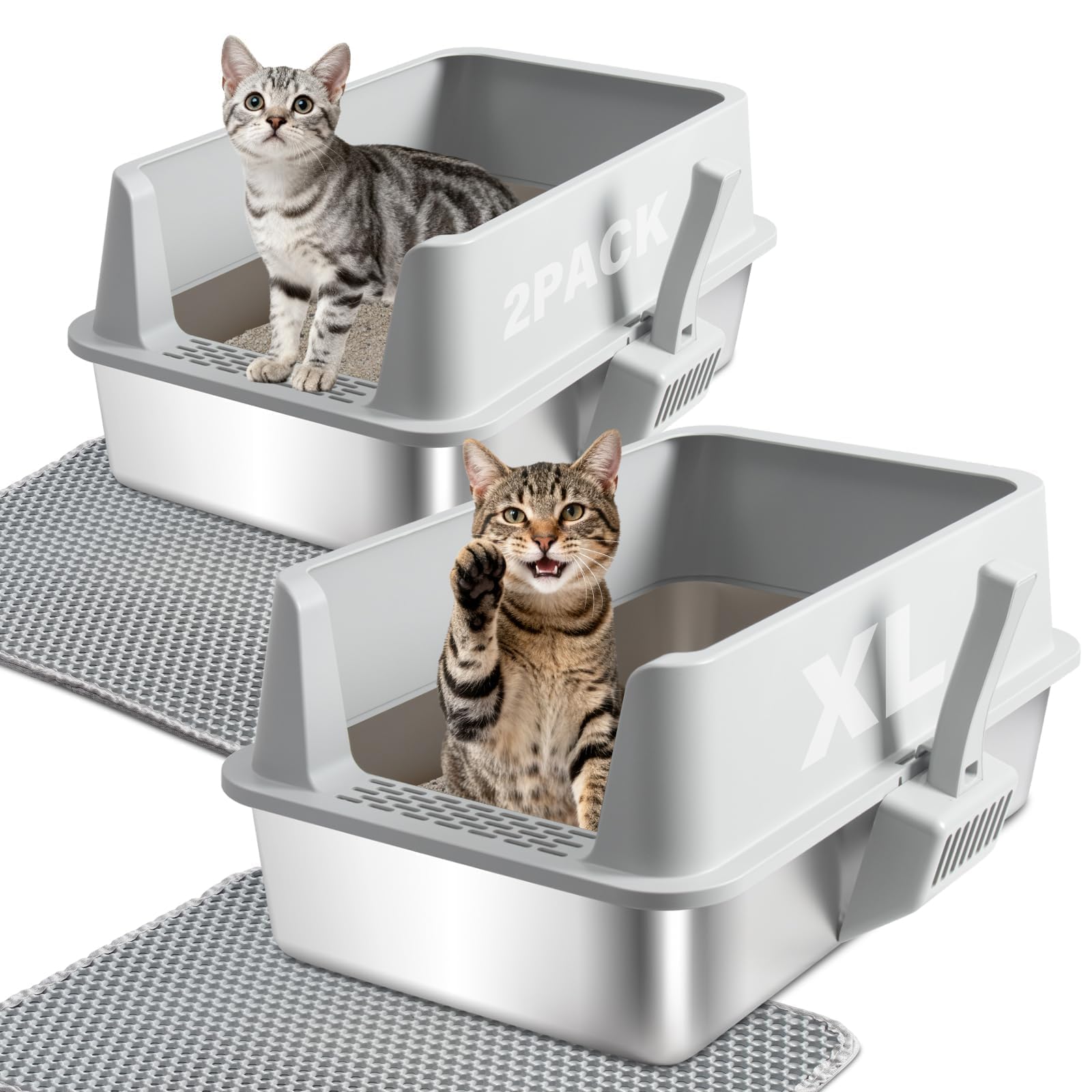 2PACK Stainless Steel Litter Box, Metal Litter Box with High Sides Lid, XL Large Cat Litter Boxes for Big Cats, Never Absorbs Odors, Anti-Urine Leakage, Easy Cleaning, Non-Stick, Include Scoop and Mat