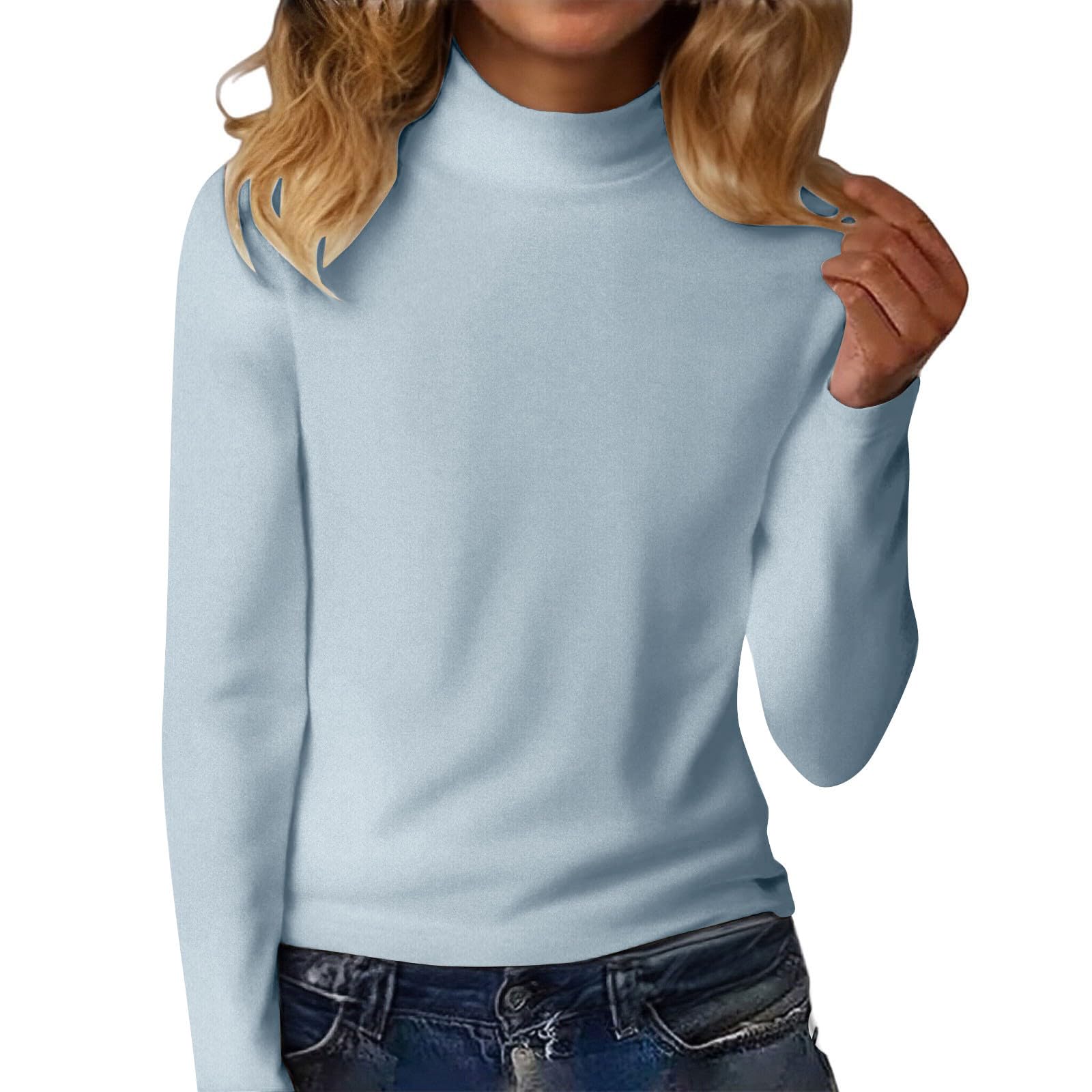 Camiseta Mujer Manga Larga Original Tops de Cuello Alto Primavera Otoño Color Sólido Sueltos Jersey T-Shirt Camisetas Basicas Pullover Deporte Fiesta Cómodo Casual Camisetas Interior Diario