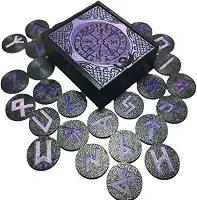 Caixa de Runas Nordicas Preta, 25 Peças com Símbolos Roxos, Conjunto de Runas Místicas Viking para Adivinhação