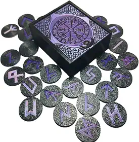 Caixa de Runas Nordicas Preta, 25 Peças com Símbolos Roxos, Conjunto de Runas Místicas Viking para Adivinhação