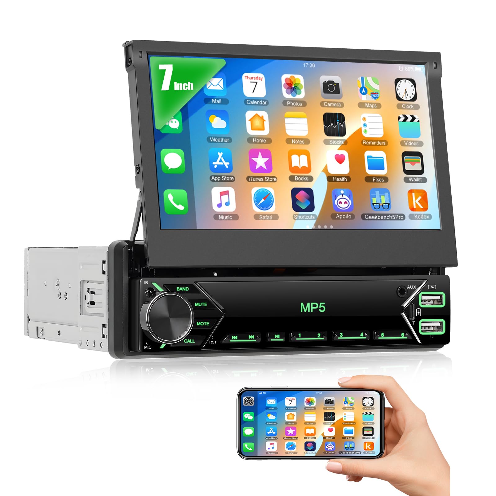 CAMECHO Single Din Car Stereo With 7 Inch Touch Screen, Bluetooth 5.1, Mirror Link, Android Auto, Apple Carplay, Backup Camera Input, Steering Wheel Control, 45W Output Power