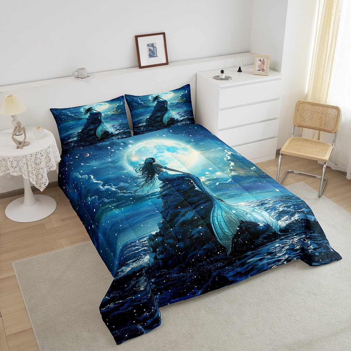 3D Mermaid Comforter Set Twin Size,Blue Fish Scale Fantastic Duvet Insert 2Pcs,Sea Moon Starry Sky Bedding Set for Kids Boys Girls Room Decor,Luxury Fashion Soft Microfiber Quilt Set,1 Pillowcase