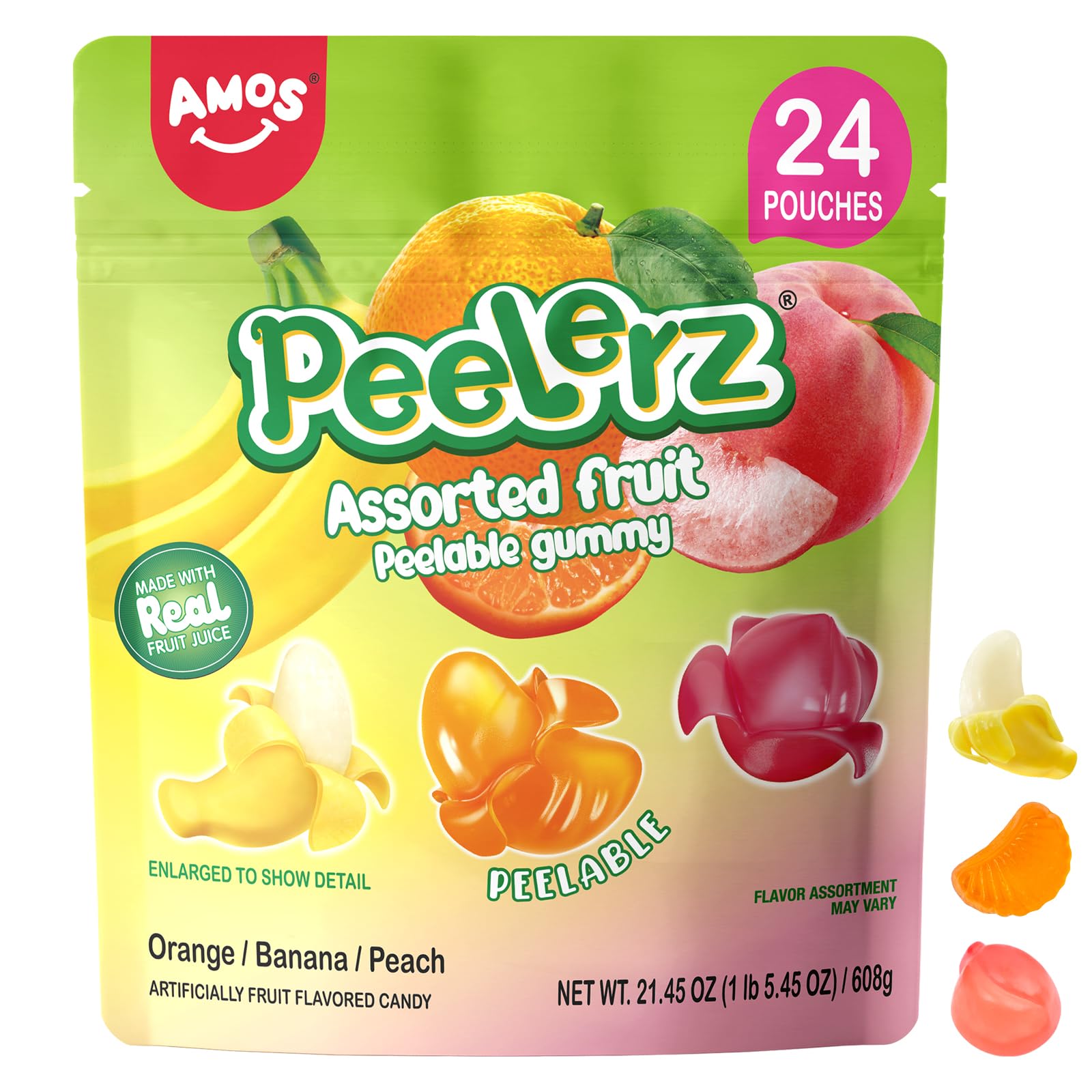 Peelerz Assorted Peelable Gummy Variety Pack – Banana, Orange & Peach | 24 Individually Wrapped Packs (608g) | Fun, Chewy, Shareable Treat