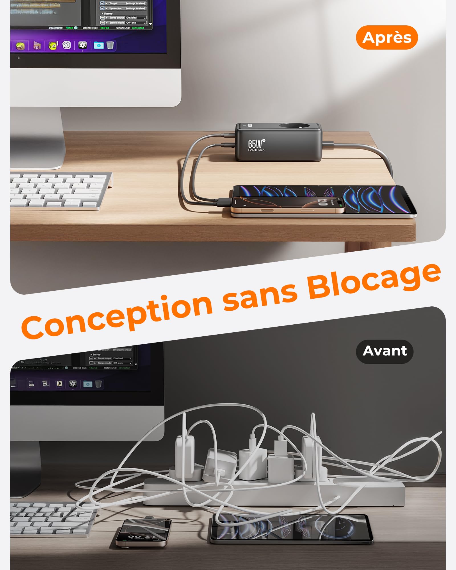 LENCENT 65W Chargeur USB C Rapide, 2 Ports Prise USB C & 2 USB A GaN Tech