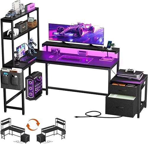 REAHOME Escritorio en forma de L de 70 pulgadas con cajones de archivos y estantes de almacenamiento reversibles, escritorio de computadora con toma