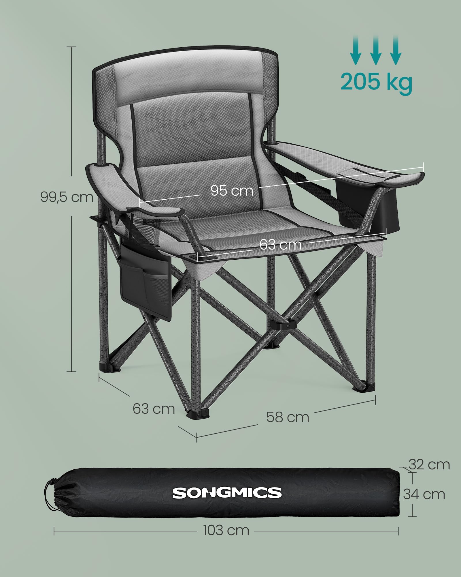 SONGMICS Krzesło kempingowe, składane krzesło z uchwytem na kubek, krzesło wędkarskie, piankowa wyściółka, składane, nośność do 205 kg, krzesło ogrodowe, wysokie oparcie
