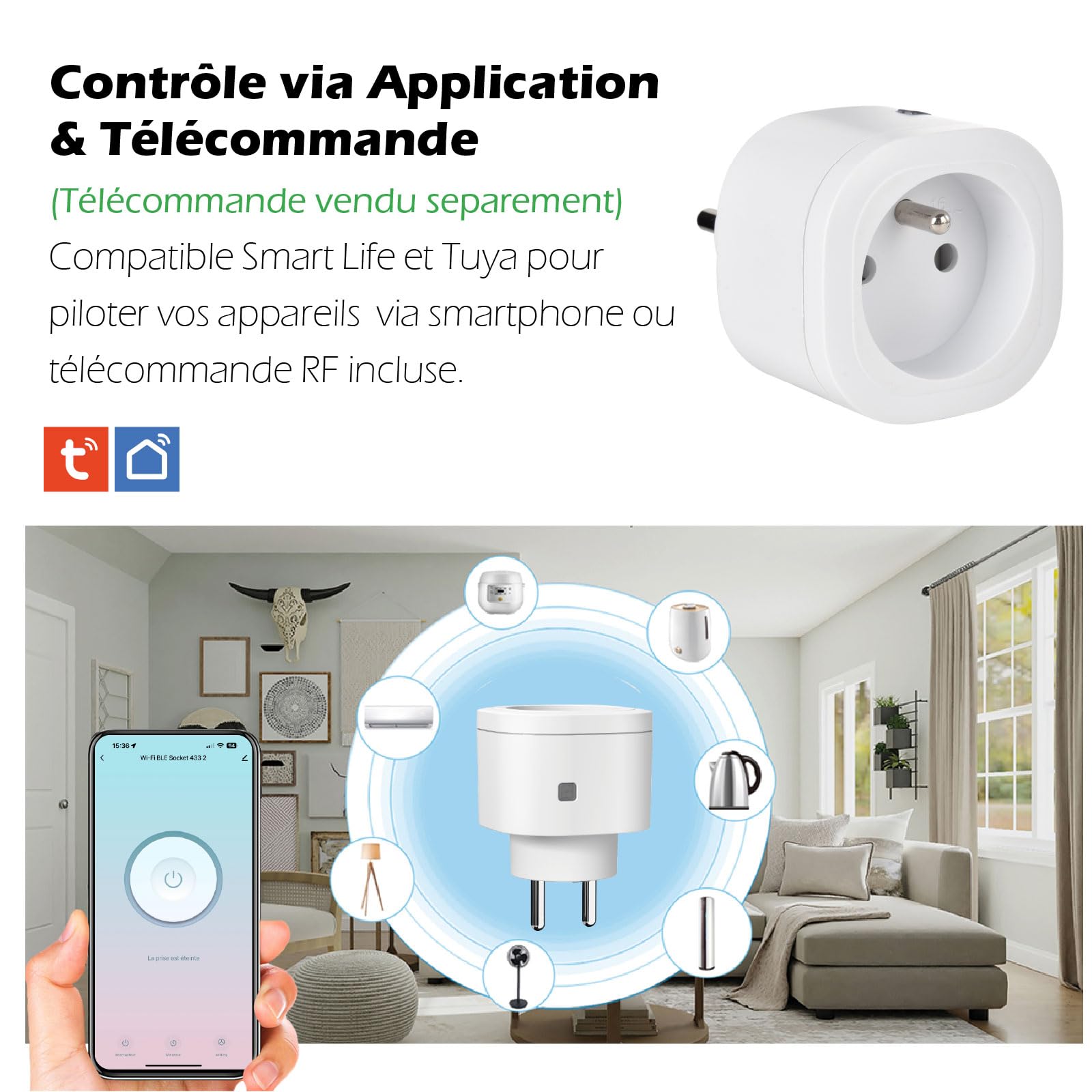 KYF Prise Connectée WiFi + RF 3680W avec Interrupteur Sans Fil, Compatible TUYA/Smart Life, Contrôle via Application, Type E, IP20