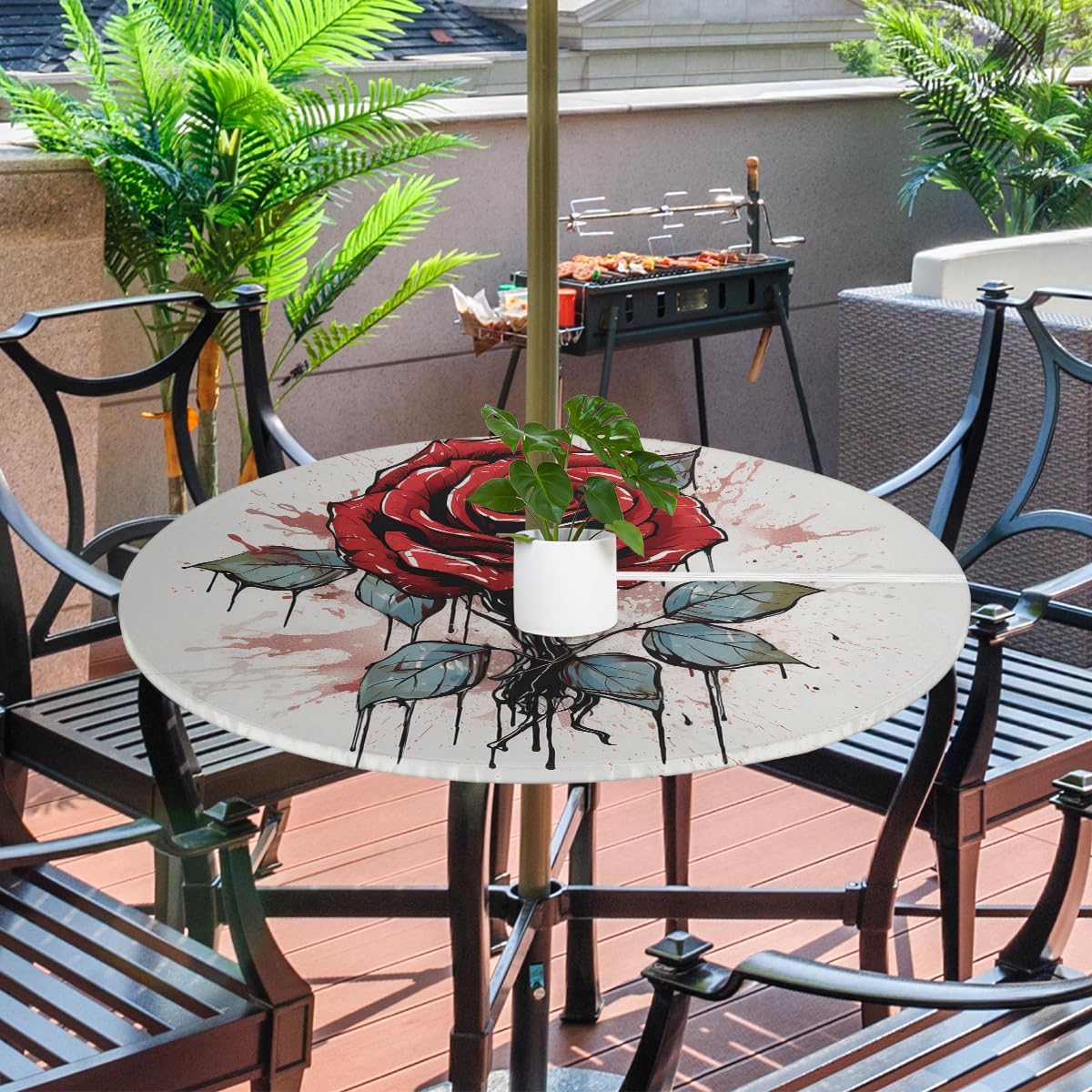 YPPAHHHH Round Outdoor Fitted Tablecloth with Umbrella Hole, Red Rose Elastic Table Cloth Spring Flower Pattern Waterproof Table Cover with Zipper for Patio Picnic, 36