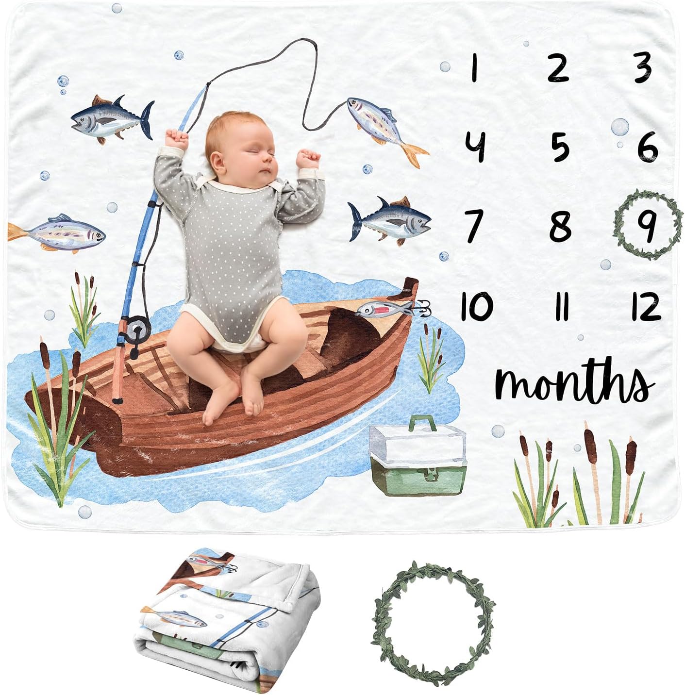 Fishing Baby Monthly Blanket for Boy & Girls, Newborn Month Blanket, Soft Flannel Photography Background Prop, Personalized Shower Gift, Fishing