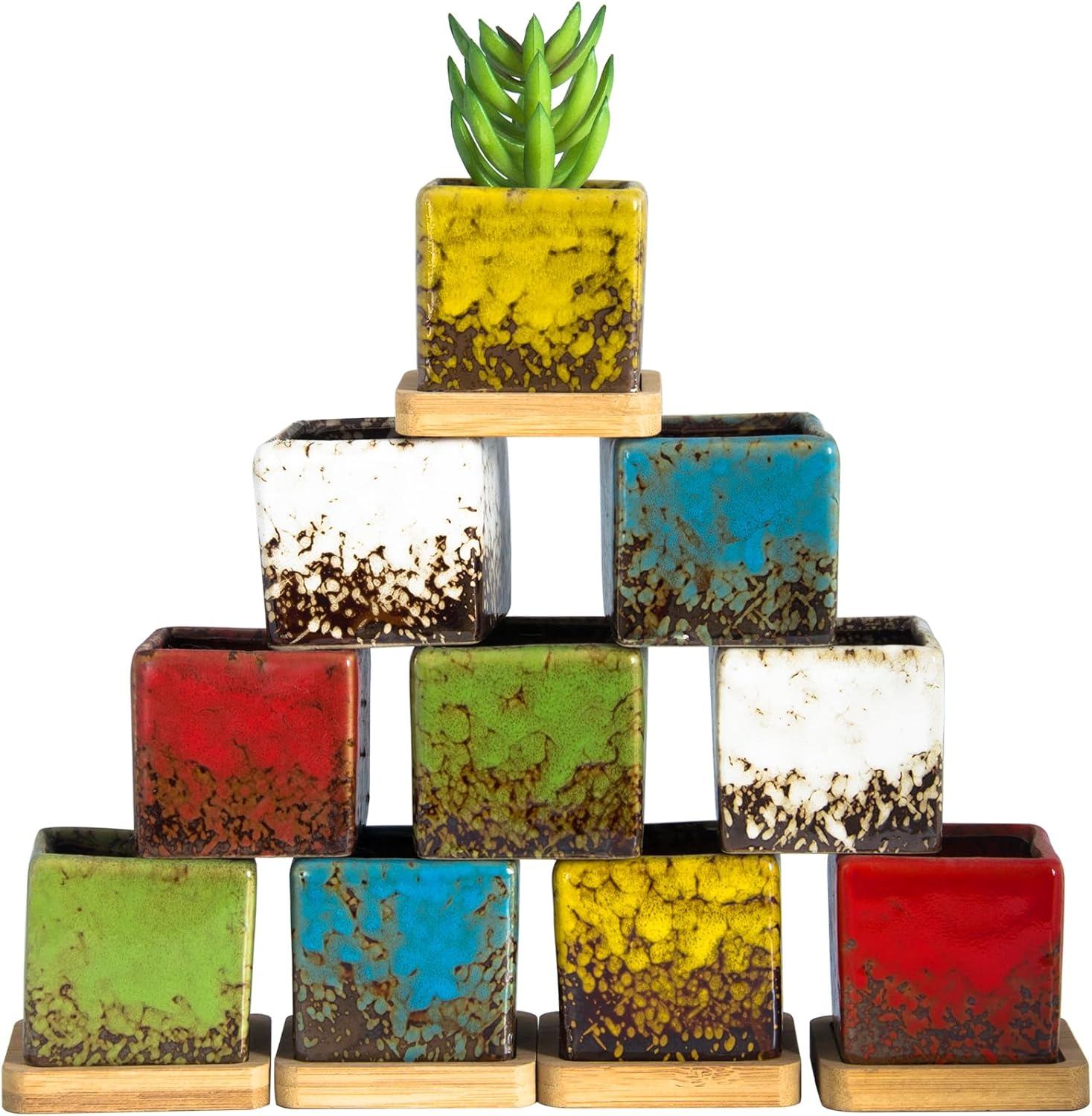 Set of 10 Succulent Pots with Drainage Trays, 2.1 Inch Ceramic Pots for Indoor Flower Plants, Small Square Cactus Planter Pots Bulk for Garden Home Desk Windowsill Decor