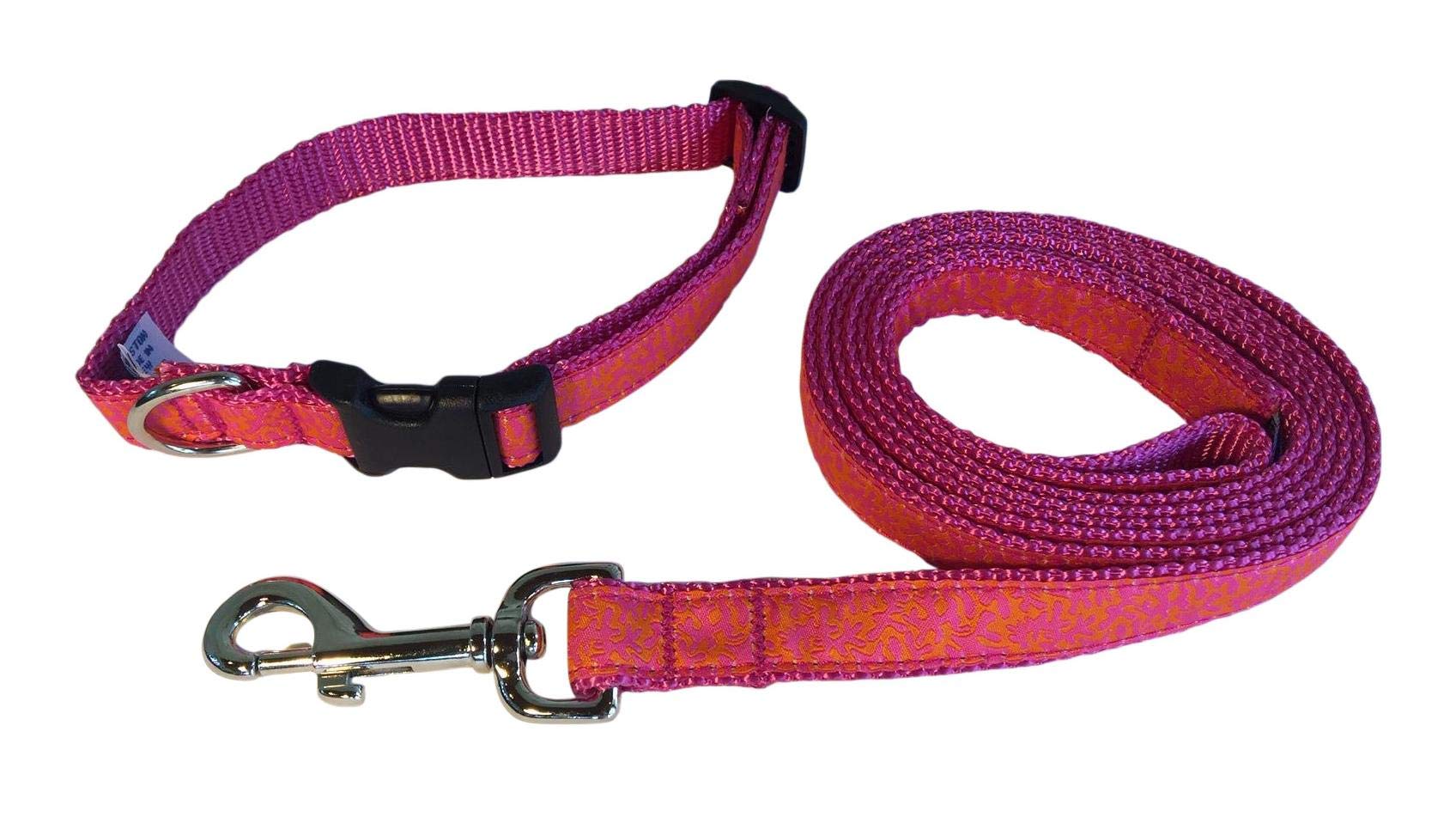 Preston Orange Raspberry Coral Dog Collar and Leash Set - Coral Design Ribbon on Pink Nylon Webbing