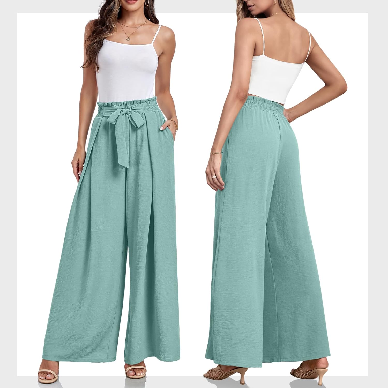Lepunuo Wide Leg Pants for Women High Waisted Palazzo Pants Work Casual Flowy Tie Knot Trousers with Pockets - Image 5