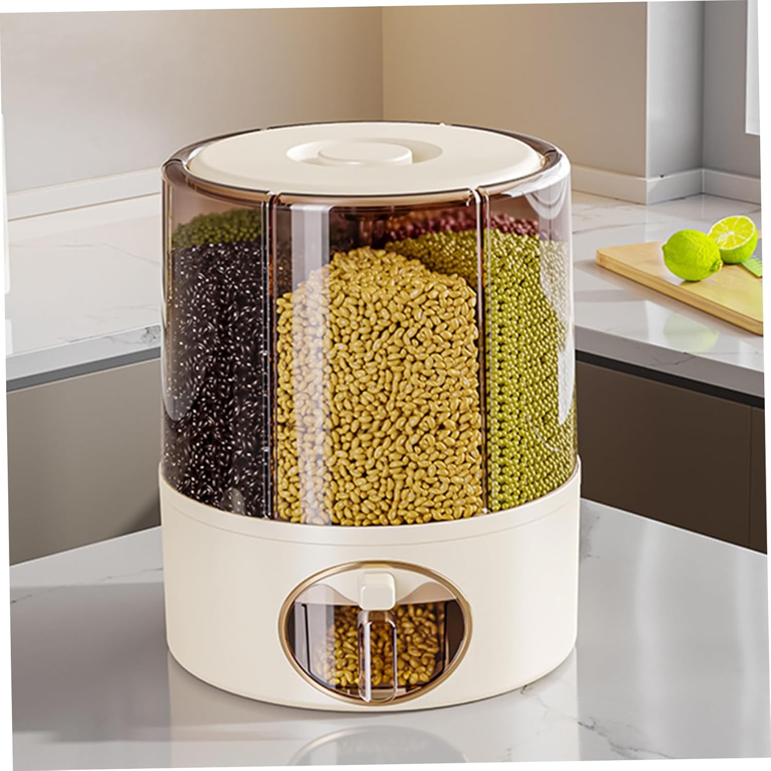 Grain Dispenser, 360° Rotating Clear Rice Bucket with 6 Compartment, One-Click Output Cereal Dispenser with Lid for Kitchen, 9.25x11.02 inch