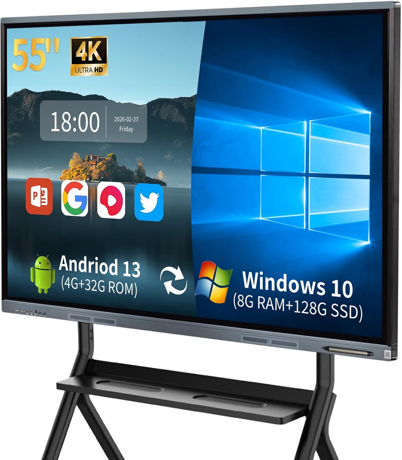 55'' Smart Board, 4K UHD Electronic Whiteboard with Dual OS, Multi-Touch Screen Interactive Digital Whiteboard for Home Office Classroom Presentation, Writing, Meeting - Includes Wall Mount