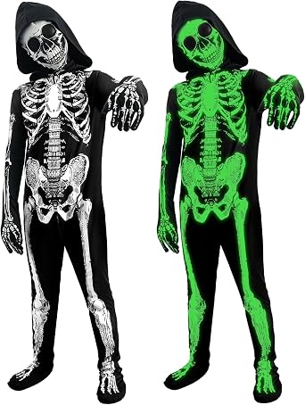 BOMLY Kids Halloween Glow in the Dark Skeleton Costume Scary Bones Jumpsuit