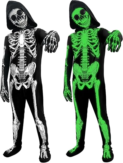 BOMLY Kids Halloween Glow in the Dark Skeleton Costume Scary Bones Jumpsuit