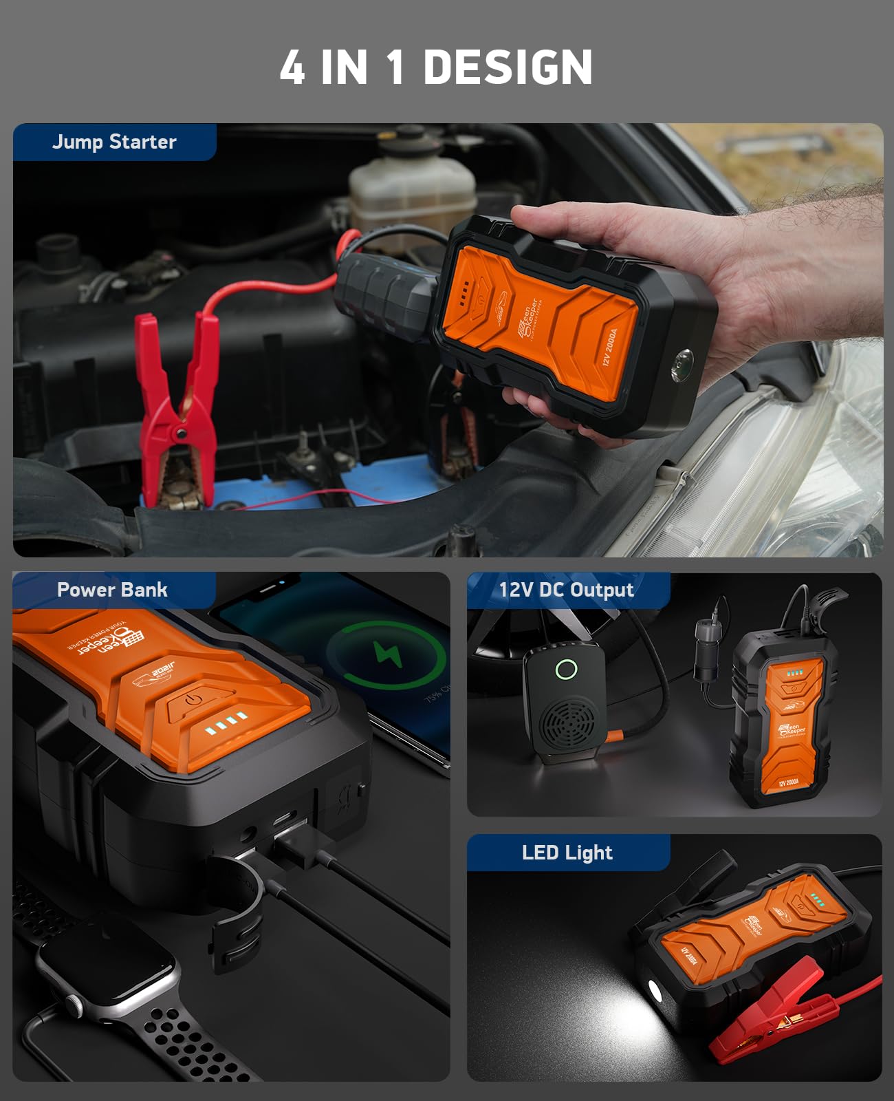 Avviatore di emergenza portatile da 2000 A, batteria per auto, batteria da 12 V, avviatore per batteria da 7,0 l e diesel da 6,5 l, kit di emergenza multiplo con LED e protezione di sicurezza con