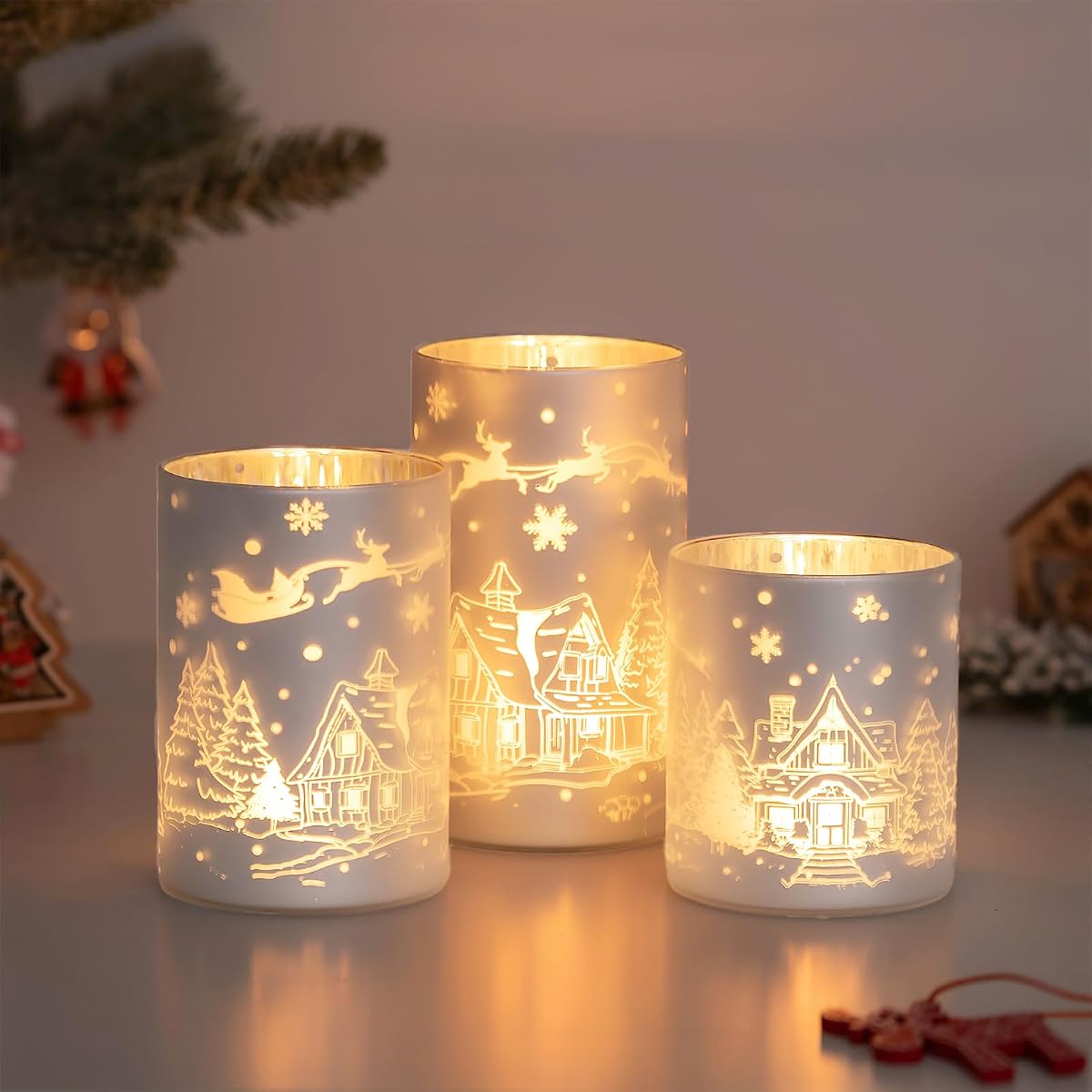 Hewory Christmas Candle Holder: 3Pcs Silver Snow House Deer Christmas Decor | Christmas Pattern, Matte Surface, Glass Christmas Candle Holders for Table Centerpiece Mantel Window Kitchen Living Room