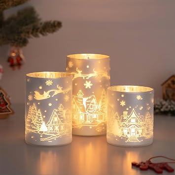 Hewory Christmas Candle Holders Centerpiece Silver Snow House Deer Christmas Decorations Hurricane Glass Pillar Candle Holders Set of 3 Decorative Candle Stands for Mantle Fireplace Dining Room