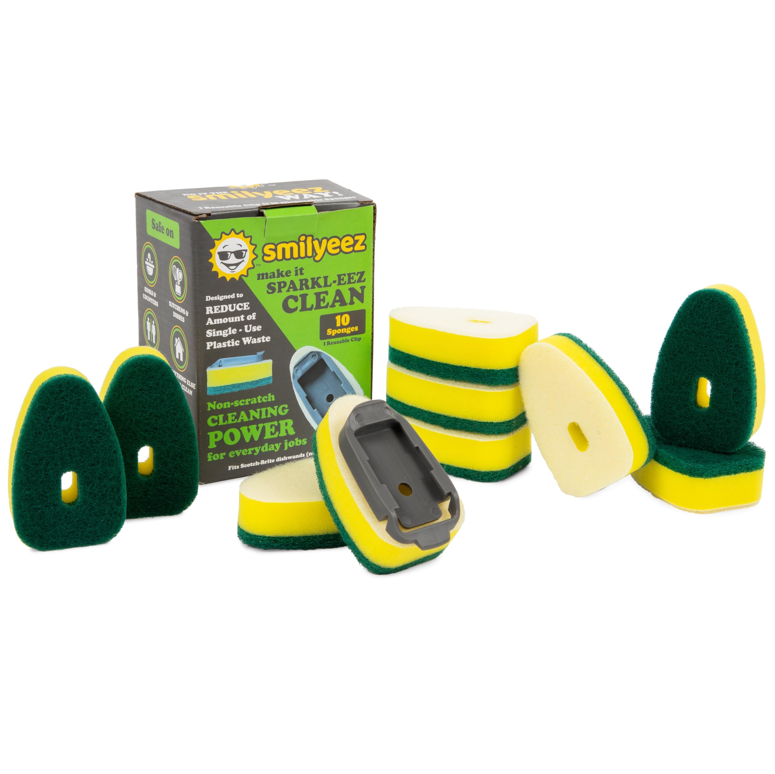 Smilyeez No-Plastic Heavy Duty Green Sponge Refill for Scotch-Brite's Dishwand Refill 10 Pack with Adapter…