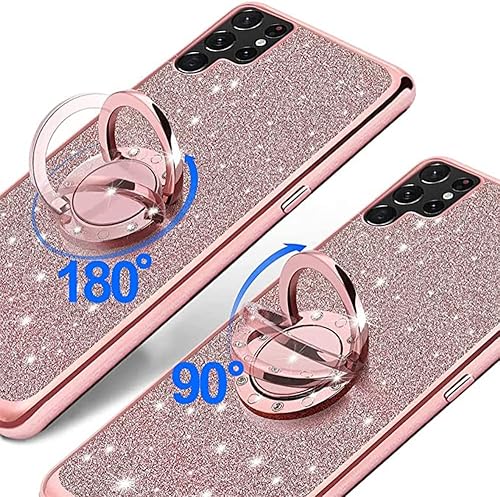 Miniatura 10 de B-Wishy Galaxy S23 Ultra Glitter Caso, Slim TPU Crystal Butterfly Design, Kickstand+Strap - Oro Rosa