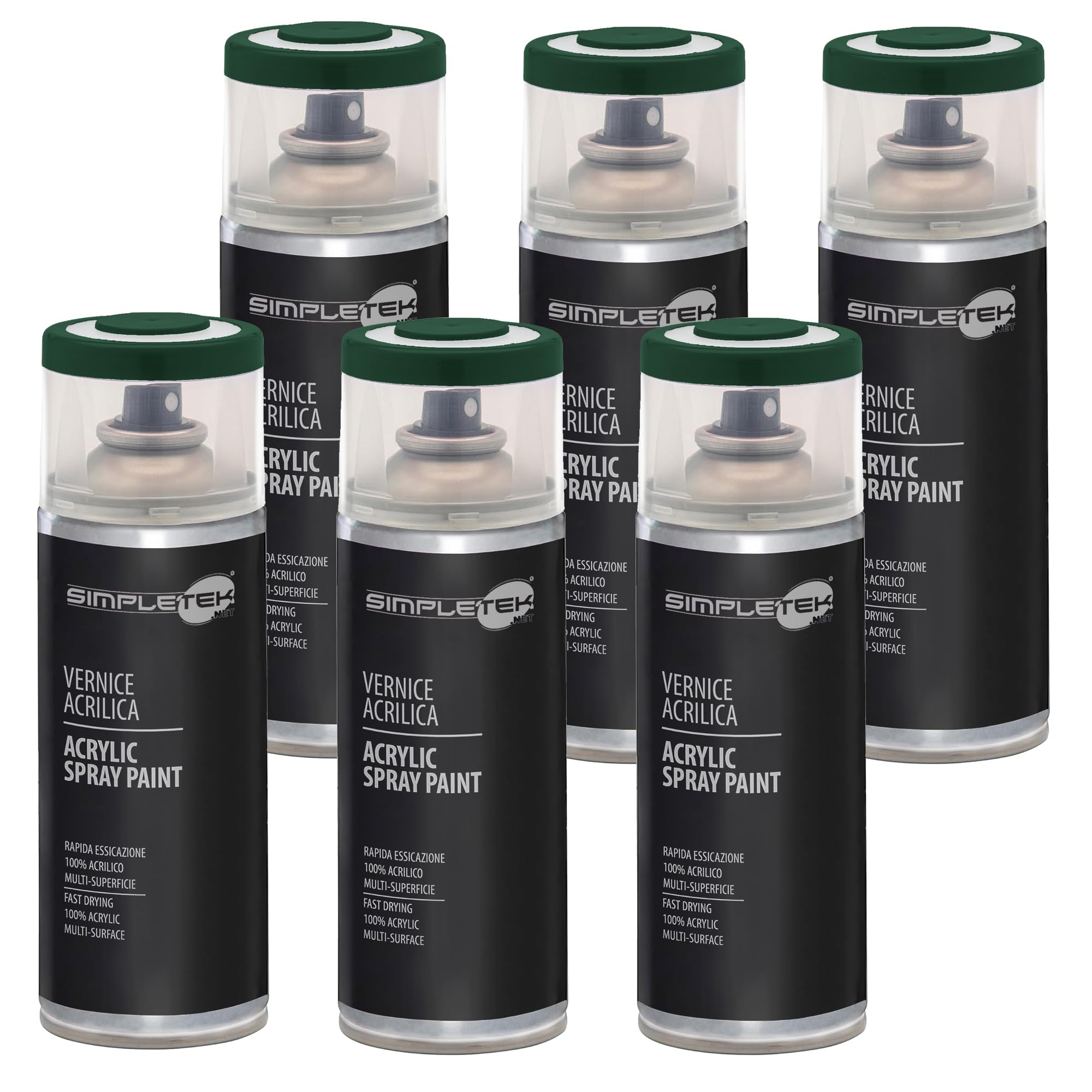SIMPLETEK - 6X Bomboletta Vernice Spray Acrilico Verde Abete RAL 6009 Universale Multimateriale Rapida Asciugatura Interni Esterni 400ml (kit 6 pezzi)