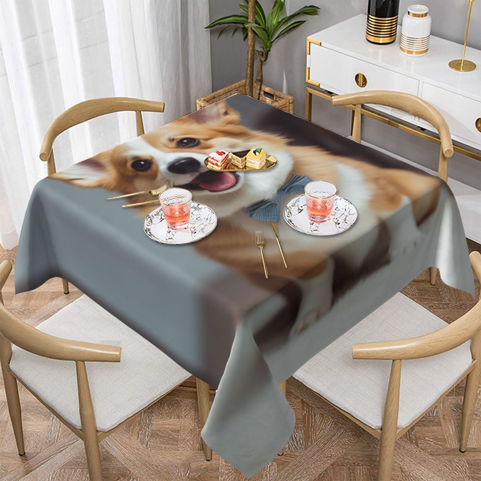 WPKJU Cute Corgi Art Printed Square Tablecloth 54x54 inch Water Resistant Table Cover Washable Rectangle Table Cloth for Dining Tables