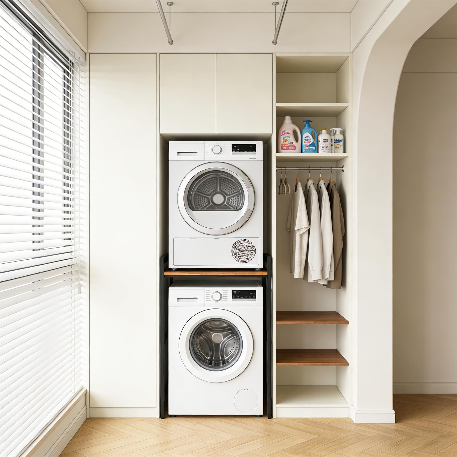 Estanteria Lavadora y Secadora, 3 Alturas Ajustables, Mueble Lavadora Secadora Columna, Capacidad de Carga de 350 kg, para BañO, BalcóN, Lavandería (Negro)
