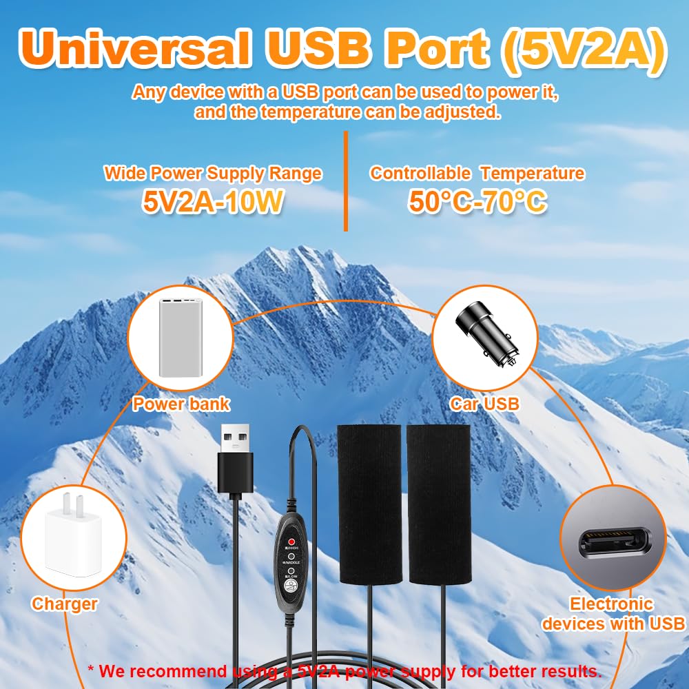 Poignée Chauffante Moto, 5V Poignet Chauffante Moto, USB Contrôle Intelligent de la Température à Trois Niveaux, Poignee Chauffante Moto, Moto Taille Universelle, 1 Paire