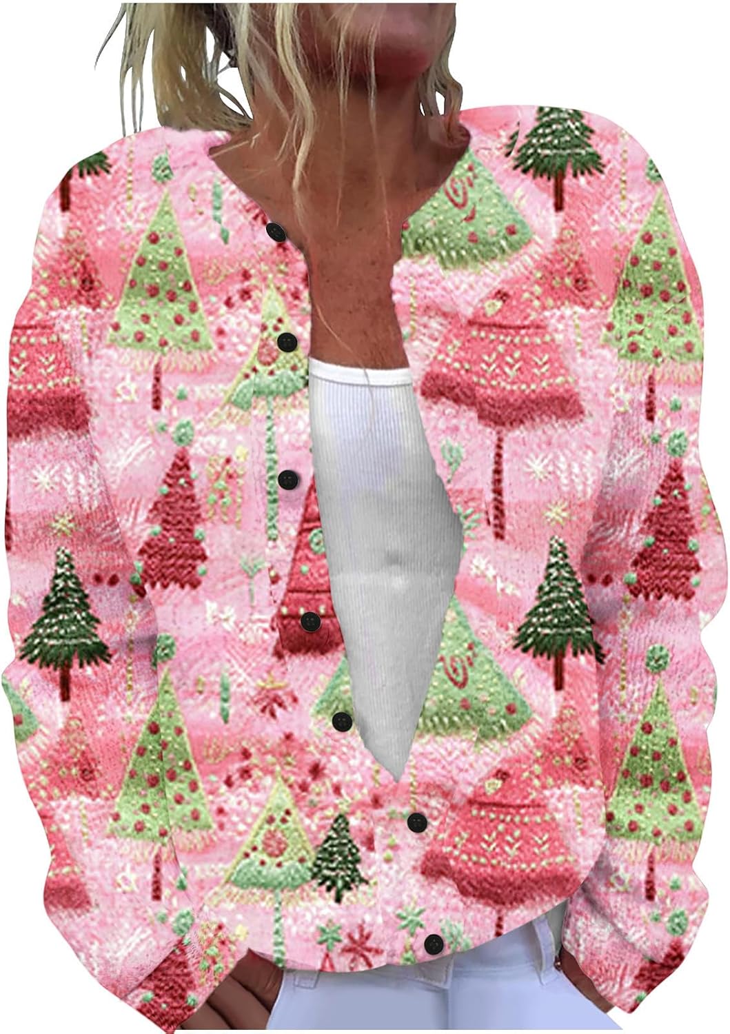 Womens Cute Funny Xmas Cardigans Open Front Button Down Christmas Sweater Ugly Holiday Plus Size Outwear Coat