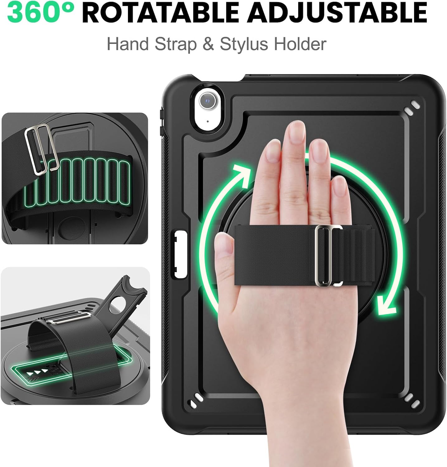 SEYMAC for iPad Air 11 Inch Case M4 / M3 / M2 (2026/2025 / 2024), Full-Body Shockproof Protective Case with Screen Protector, Rotating Stand, Hand/Shoulder Strap, Black
