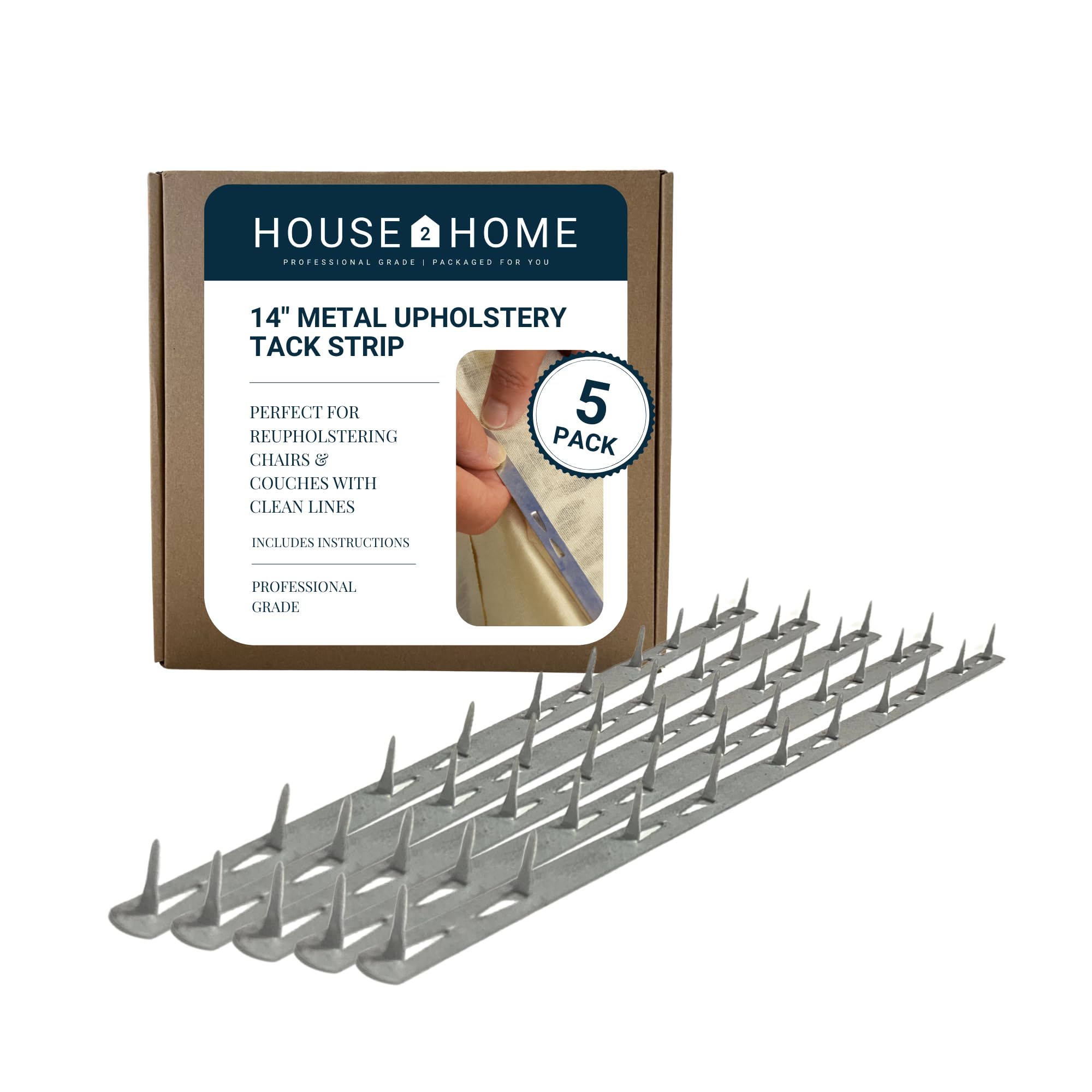 House2Home 14" Upholstery Metal Tack Strips, Fabric Reupholstery Supplies for Furniture, Couch, Chair, and Sofa, Includes Instructions, 5-Pack