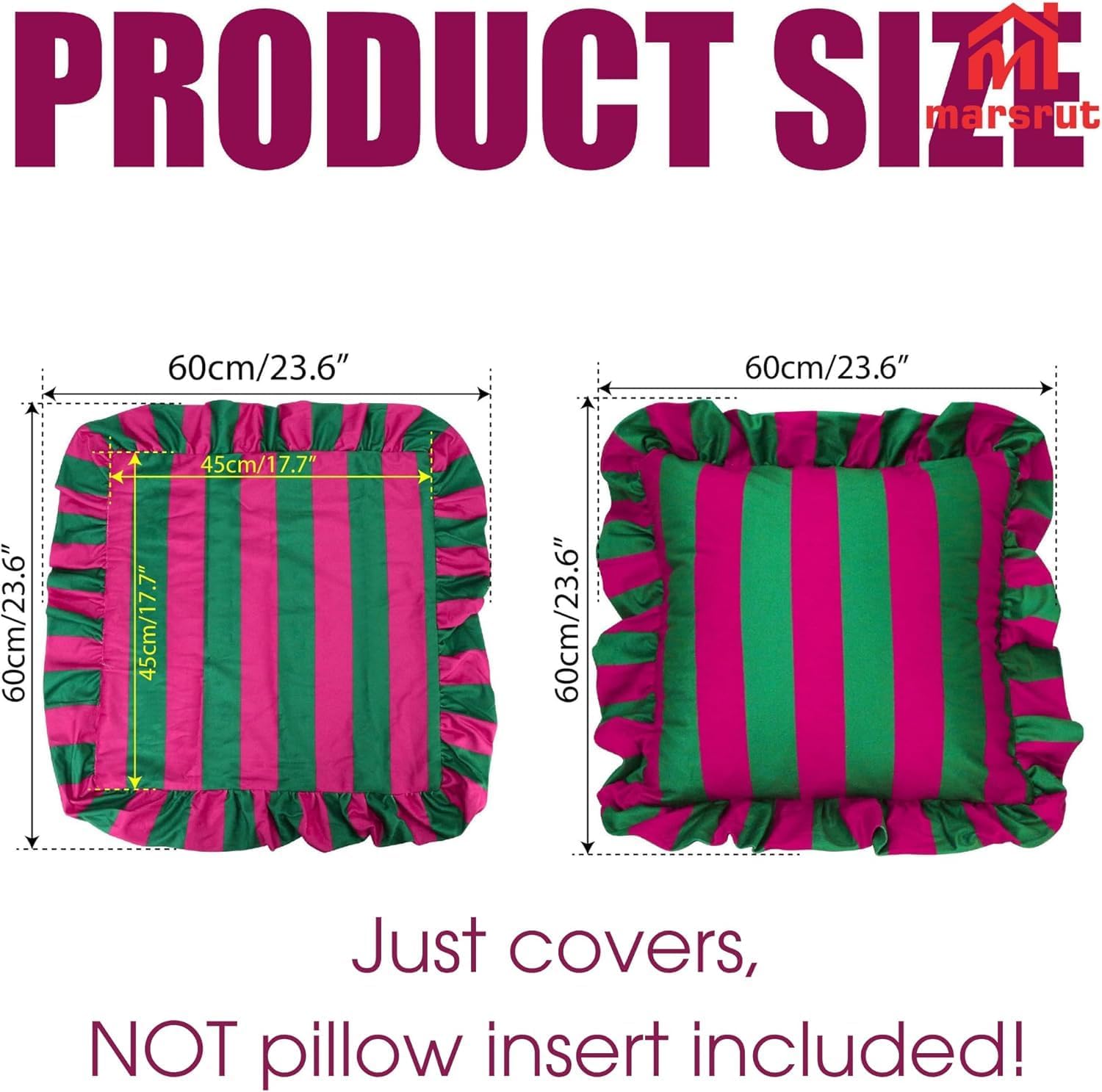 Set of 2 Striped Ruffle Pillow Covers 18x18 Inches, Decorative Throw Square Cushion Cases for Couch, Sofa Living Room Decor, Boho Wrinkle Resistant Shams with Envelope Closure, Polyester (Pink-Green)