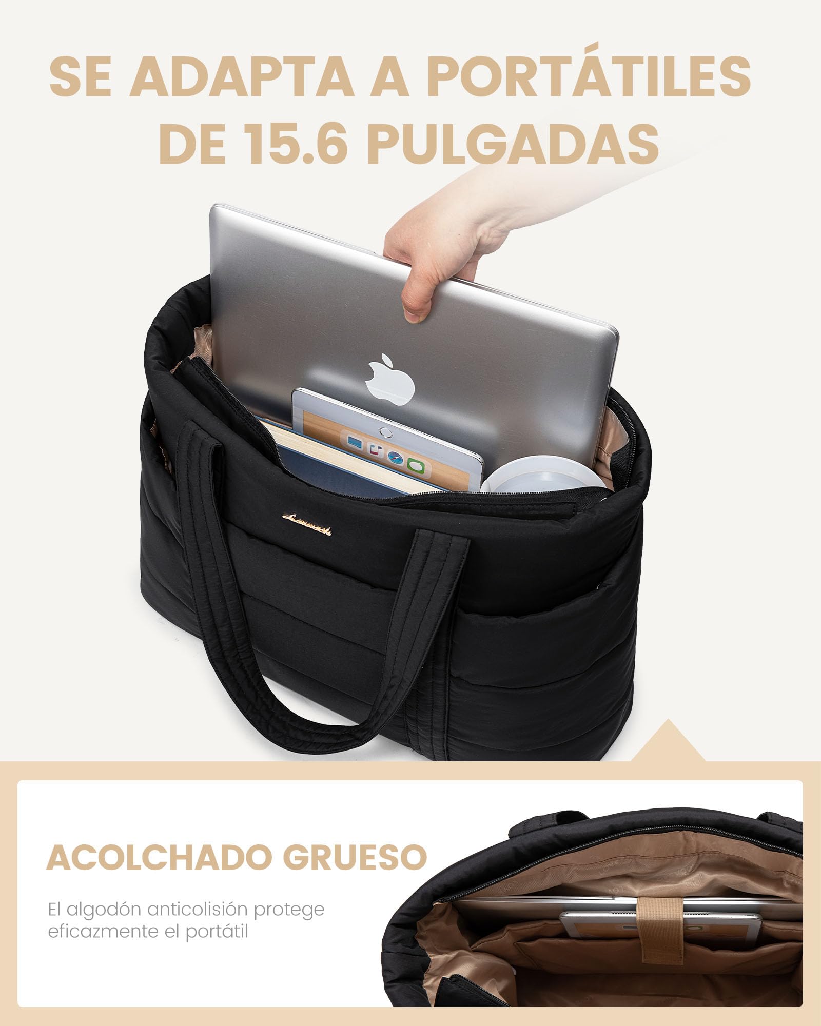 LOVEVOOK Bolso Mujer Grande, Puffer Bolso Tote Bag Shopper Bolsos para 15,6pulg Ordenador Portátil, Handbags for Women Uni Oficina Trabajo Universidad Profesora Escuela, Negro