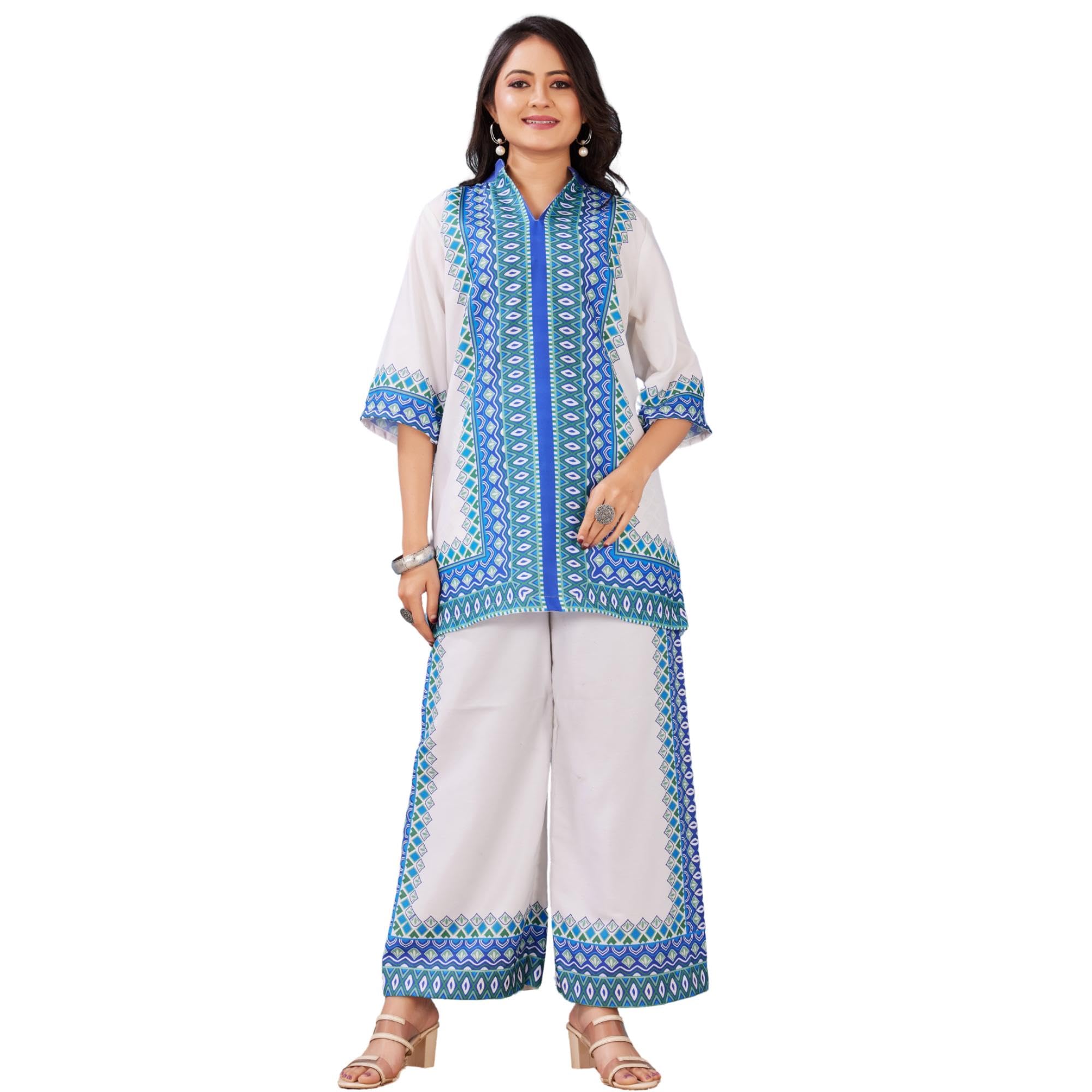 Womens Rayon Co-Ord Set with Blue Geometric Design 3/4 Sleeves V-Neck 2-Piece Ethnic Wear-image-18