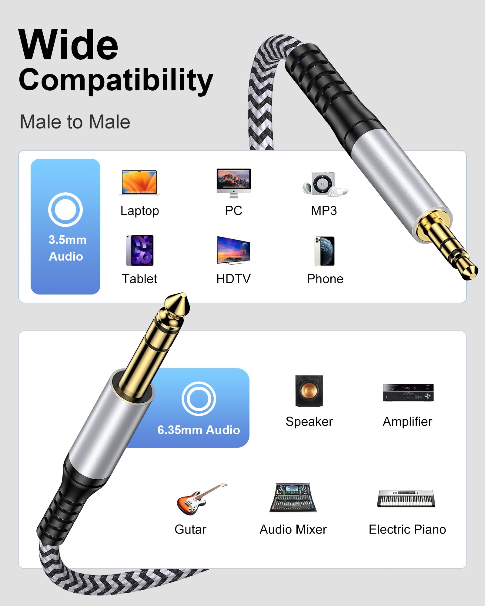 Cavo audio da 6,35 mm a 3,5 mm, cavo adattatore intrecciato da maschio TRS da 1/4" a maschio da 1/8", AUX stereo bidirezionale per iPhone, chitarra elettrica, cuffie, amplificatore, pianoforte
