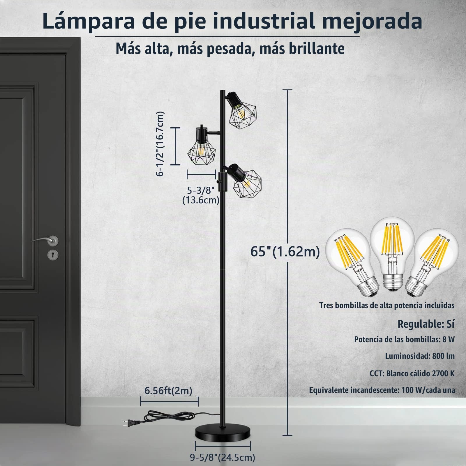 HiBay Lampara de Pie LED Regulable Industrial,Lámpara de Pie Estilo Diamante con 3x8W E27 Bombilla 800LM Lámpara de Pie Negra Lámpara de Lectura para Salon,Dormitorio,Oficina