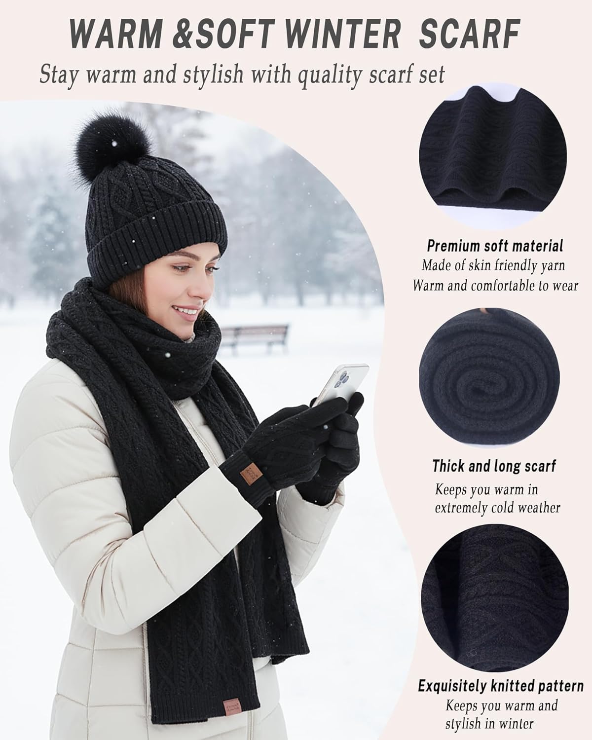 Womens Hat Scarf Gloves Set Winter Warm Thick Soft Long Knit Scarf Fleece Lined Beanie Touchscreen Glove Cold Weather Gift - Image 3