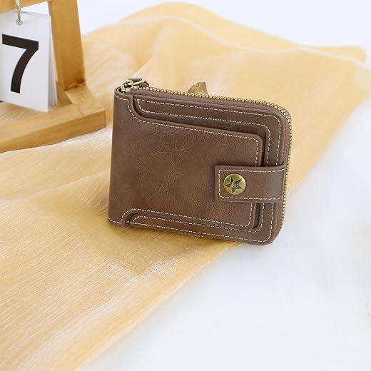 Carteira Com Zíper Masculina De Couro Legítimo RG CNH Cédulas Moedas Cartões Antifurto Proteção RFID Carteira masculina com zíper de poliuretano, mini carteira masculina dobrável portátil com fivela, vários compartimentos para documentos, Preto, Moderno