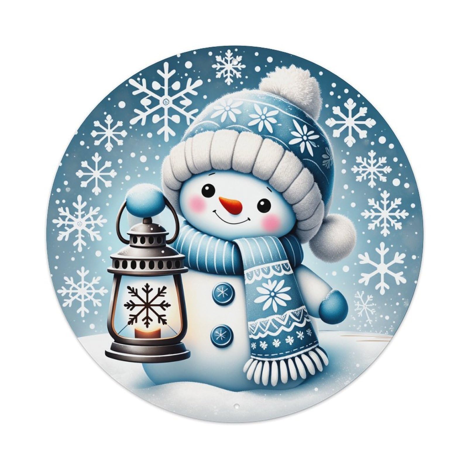 Snowflake Pattern Winter Hat Scarf Lantern Round Tin Sign Retro Metal Sign for Cafe Bar Pub Home Game Room Gym Club Wall Decoration Vintage Metal Poster 8x8 Inch