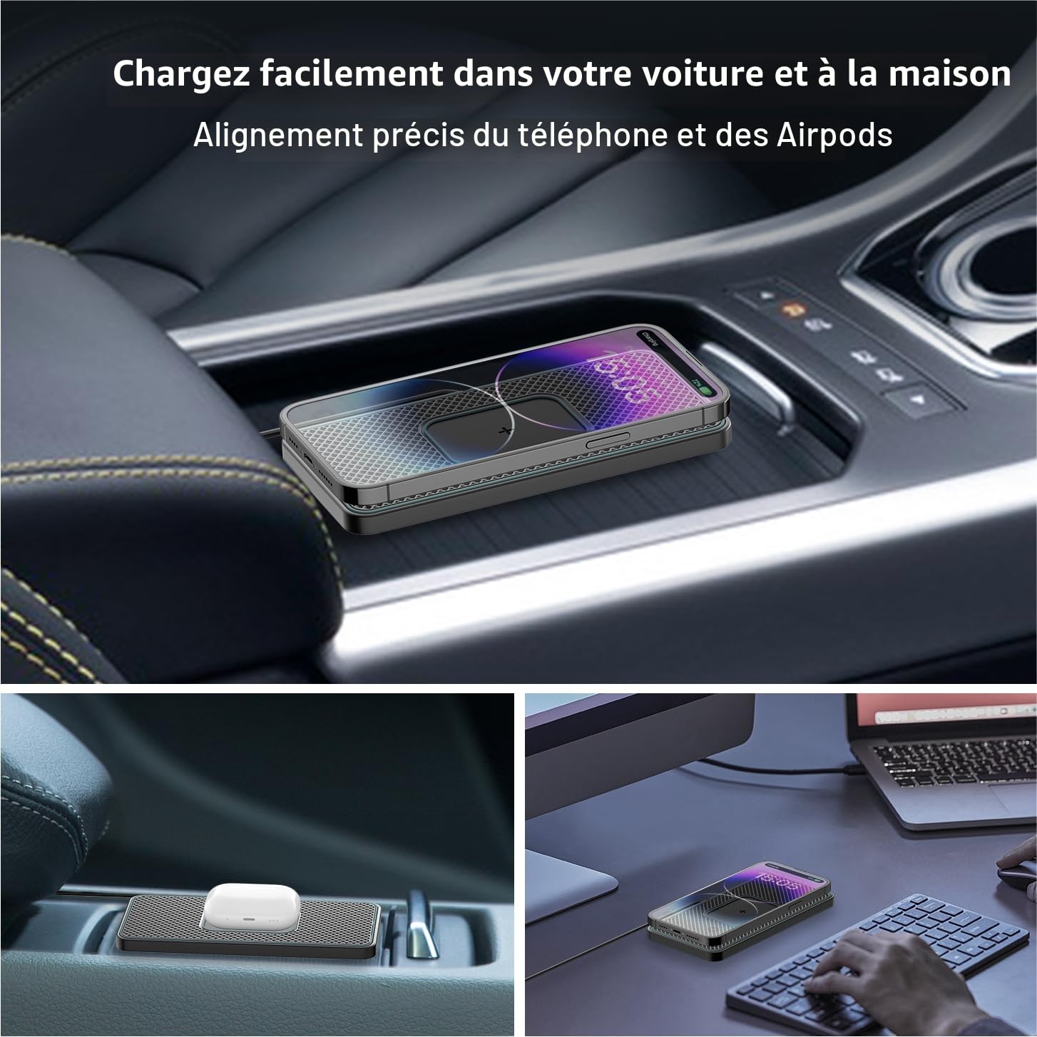 Chargeur Induction Voiture, Polmxs 15W Qi Pad de Chargeur sans Fil Voiture Rapide, Tapis de Chargement de Ultra Fin Compatible avec Airpods 3/Pro,iPhone 16/15/14/13/12/11/X/8, Samsung S24/S23/S22