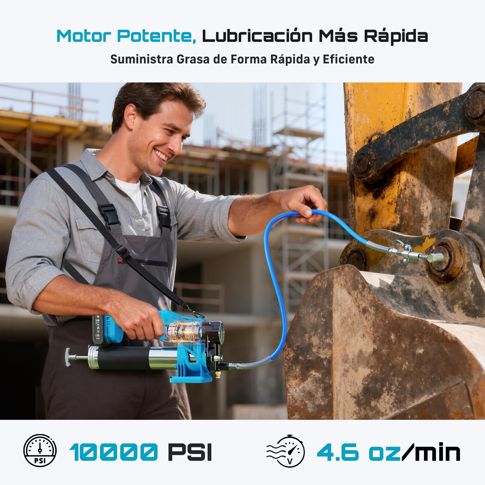 Seesii Engrasadora Batería Kit: 10 000 PSI y 4,6 oz/min, Pistola de Engrasar Eléctrica con 2 Baterías, Manguera de 39,4", Acoplador de 90° y 3 Puntas para un Engrase más Rápido y sin Esfuerzo