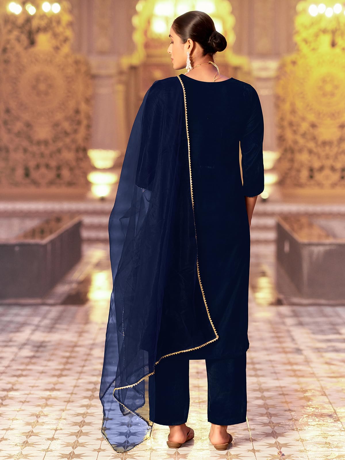 Sanisa Women's Velvet Sequins Embroidery Straight Kurta With Pant And Dupatta Set (224Kbd2372N-L_Navy Blue)