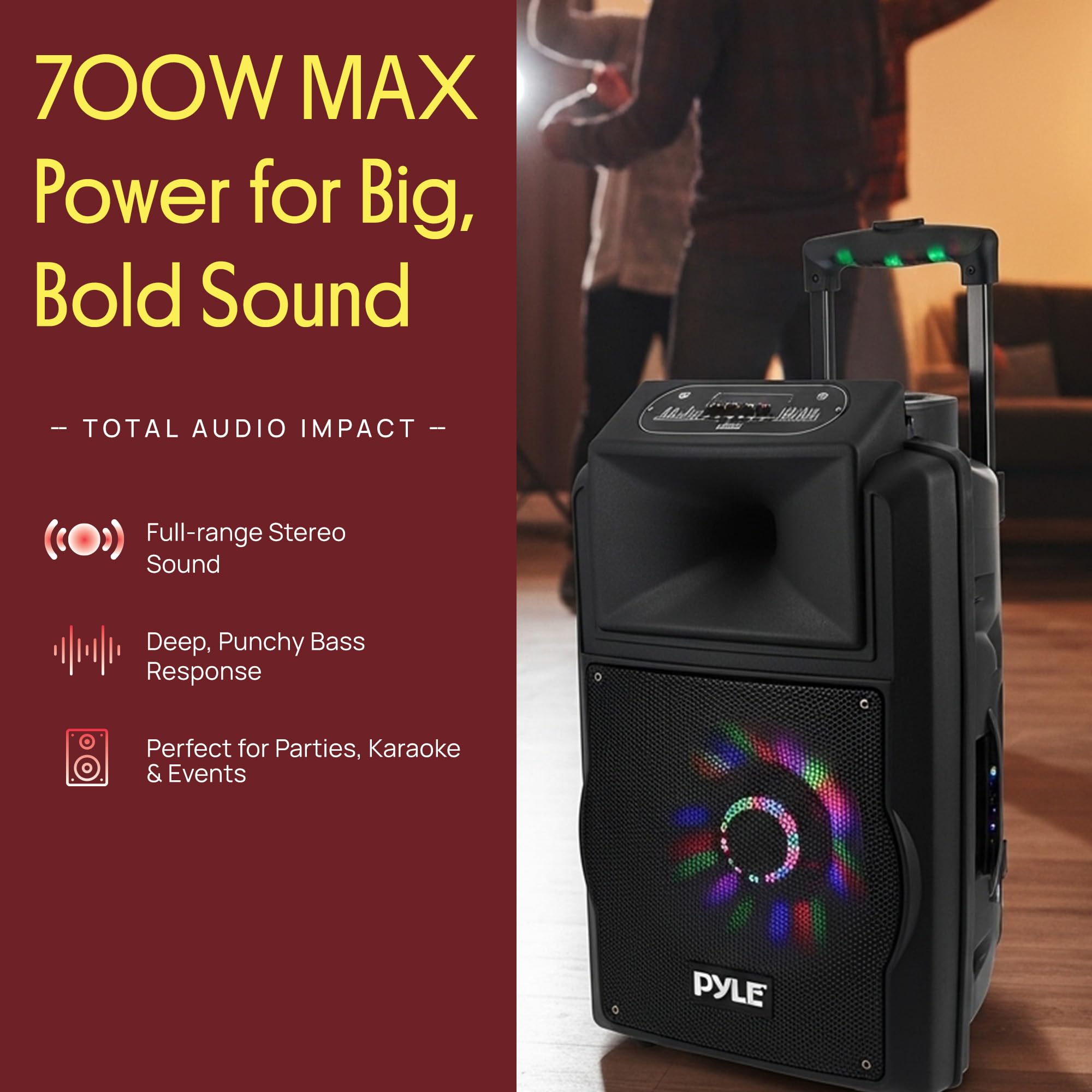 Pyle Cassa Bluetooth, Sistema PA Wireless da 700 W con Altoparlanti, Microfono, Cassa Bluetooth Portatile, USB, Micro SD, Radio FM, AUX, Luci DJ