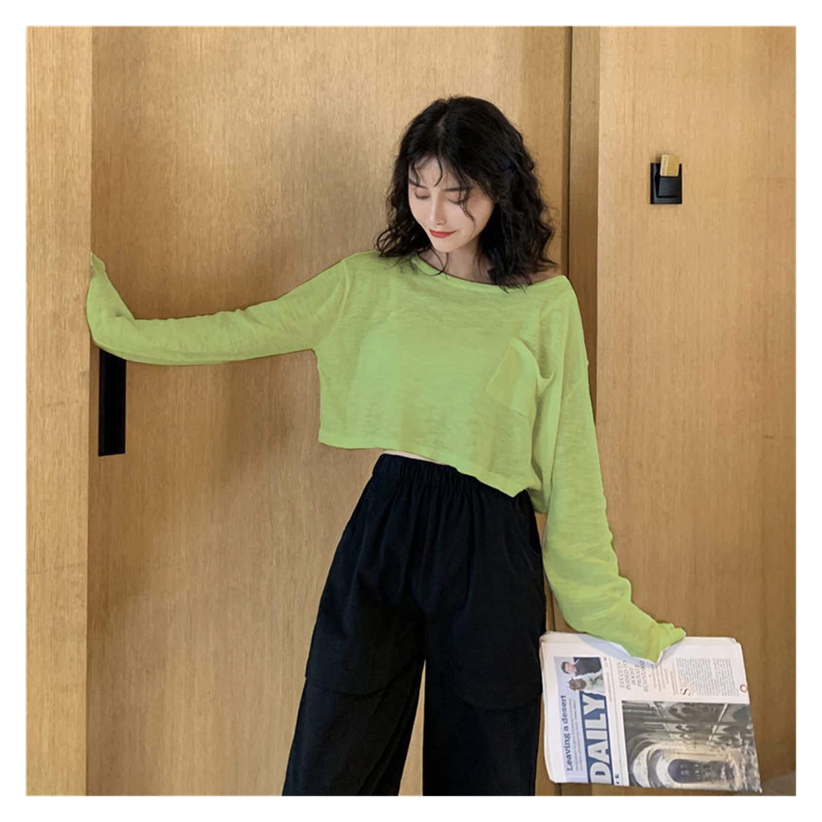 genericLong Sleeve T Shirts Women's Crop Top Solid Thin Sunproof Korean Style Loose All-match Women's